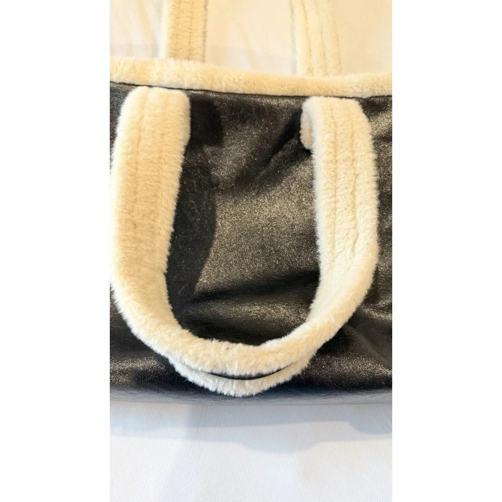 BCBGeneration Tote Black Faux Leather with White Faux Fur Trim 14x18